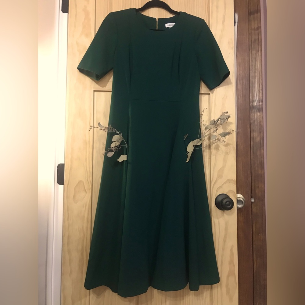 Calvin Klein dress forest deep green back zipper with pockets classy business